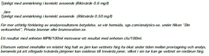 Laboratorieresultat som visar järnhalt i vatten med en anmärkning om kemisk avvikelse.