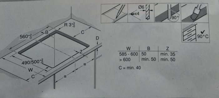 Installationsmanual som visar mått och instruktioner för ursågning av en kökshäll med måtten 490/500 x 560 mm.