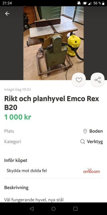 Använd Emco Rex B20 rikt och planhyvel i ett garage, till salu för 1000 kr.