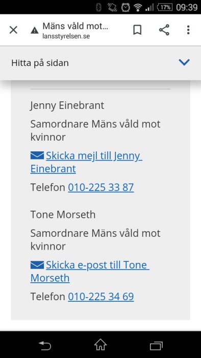 Skärmdump från webbsida med kontaktinformation för samordnare mot mäns våld mot kvinnor.