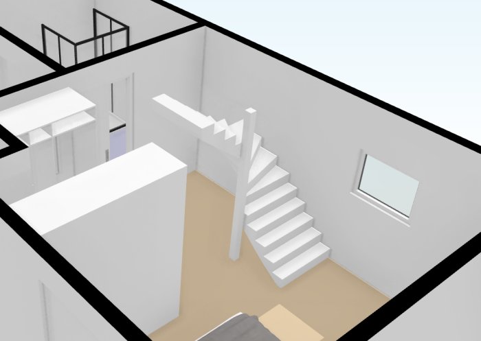 3D-modell av en trappa och övre våningens layout, inkluderar en pelare som stöd i källaren.