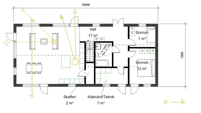 Planritning av en bostad med markerade fönster i linje mot sydost för optimal utsikt.