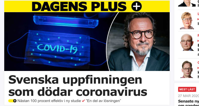 Munskydd belyst av UV-ljus med texten "COVID-19" framhävd, intill artikelrubrik om svensk uppfinning.