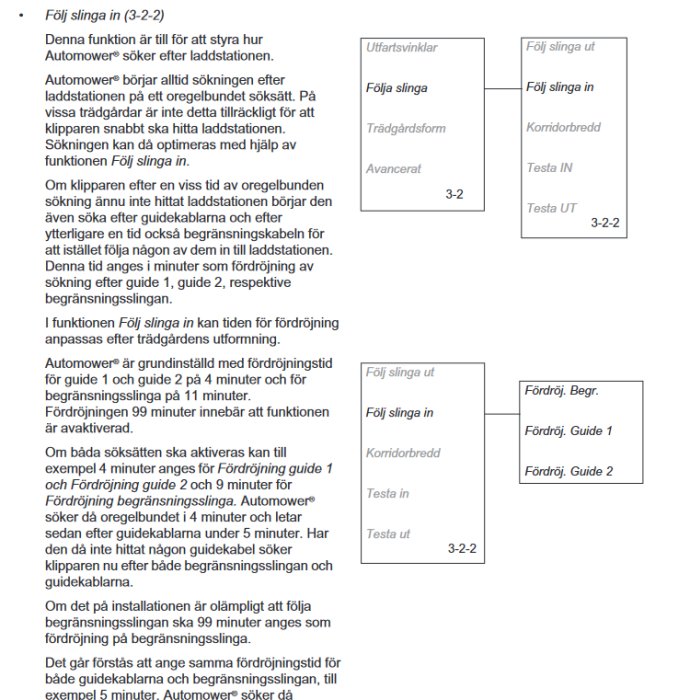 Svensk manual för inställningar av följning av slinga och guidekablar för en automatisk gräsklippare.