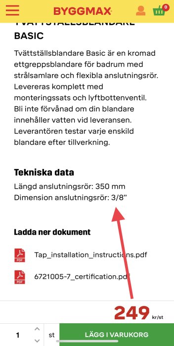 Skärmdump av Byggmax webbsida med teknisk data som visar anslutningsrörets storlek för en tvättställsblandare.