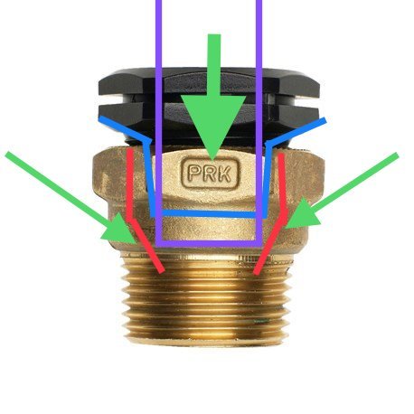 Diagram över en PRK-koppling med en blå tryckskruv, röd mässingsdel och lila slang markerade med färgade pilar.