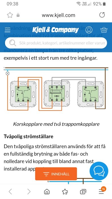 Schematisk illustration av en korskopplare med två trappomkopplare och en tvåpolig strömbrytare.