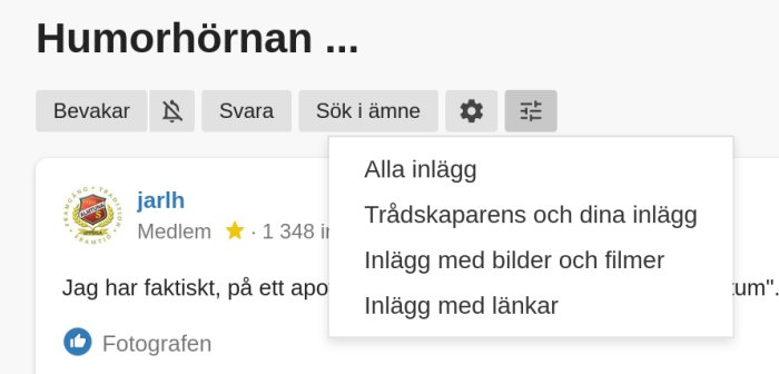 Skärmdump av forumtråd med användarmeny öppen visande visningsalternativ.