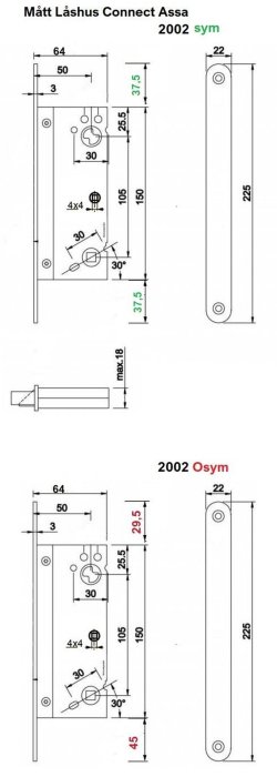 Tekniska ritningar av ASSA 2002 låshus, en med symmetriska och en med osymmetriska måttangivelser.