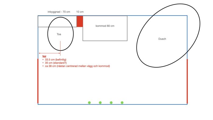 Planritning av badrum med felplacerad toastol, inbyggnadscistern, kommod och dusch, samt måttangivelser.