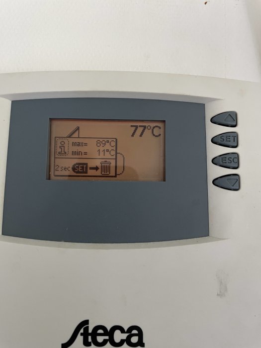 Digital termostat visar 77°C, med en maxtemperatur på 89°C och en minstemperatur på 11°C.