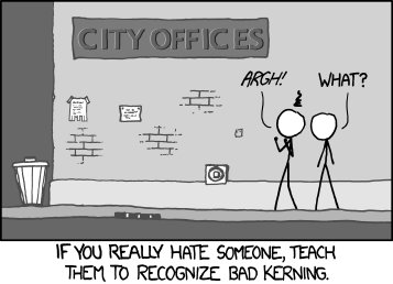 Tecknad bild med två figurer utanför "CITY OFFICES" med skyltar och dålig kerning, ena figuren irriterad och den andra frågande.