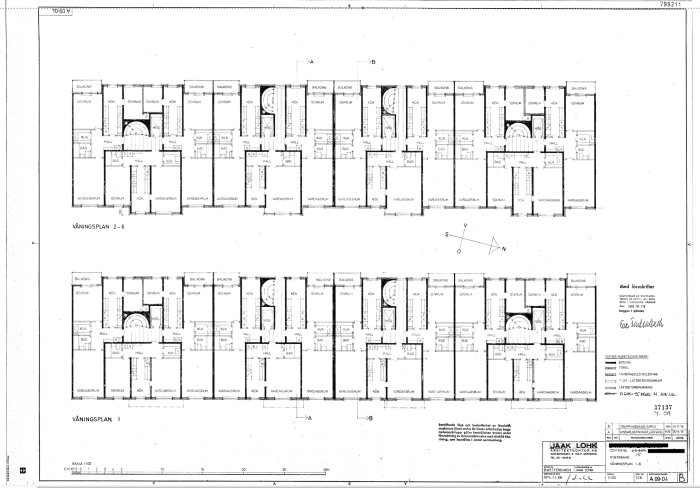 Arkitektritningar över flervåningshus med markerad vägg som ska eventuellt rivas.