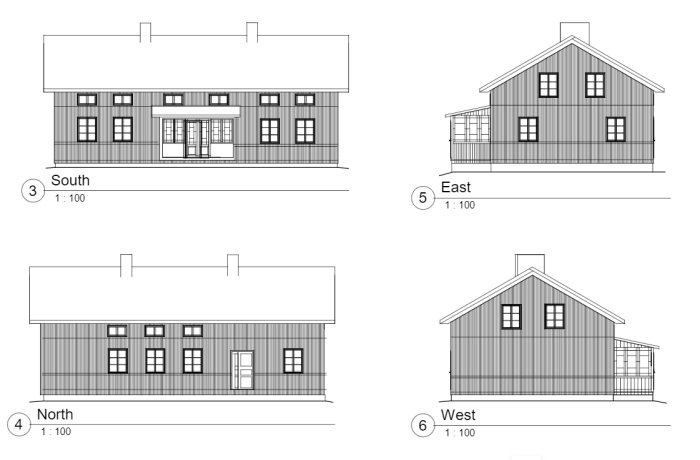 Arkitektoniska ritningar av ett traditionellt hus visas från syd, öst, norr och väst.