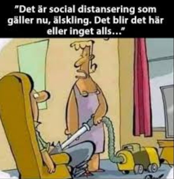 En tecknad man med dammsugare ansluten till slips som beklagar sig om social distansering.