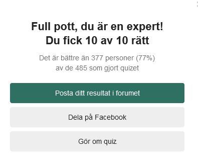 Quizresultat med texten "Full pott, du är en expert! Du fick 10 av 10 rätt".