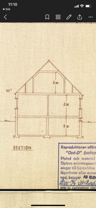 Gammal ritning av ett snitt genom ett tvåvåningshus, med mått och sektionsbeteckning, relaterat till en byggfråga.