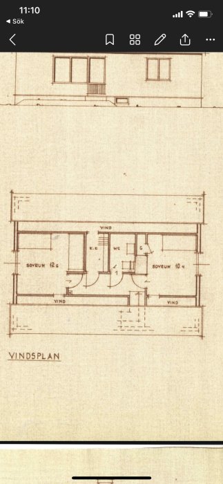 Ritning på vindsplan av Elementhus från 1959, visar uppdelningen av sovrum, klädkammare och WC.