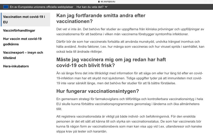 Skärmdump av EU-kommissionens webbplats med frågor och svar om COVID-19-vaccination, text på svenska.