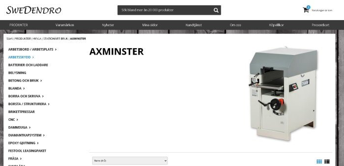 Axminster mindre stationär hyvel med spiralkutter på en webbshopssida.