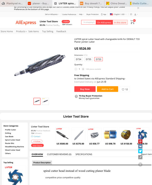 Skärmbild av en produktlista på AliExpress som visar en spiral skärhuvud för DW-hyvlar prissatt till 526 dollar.