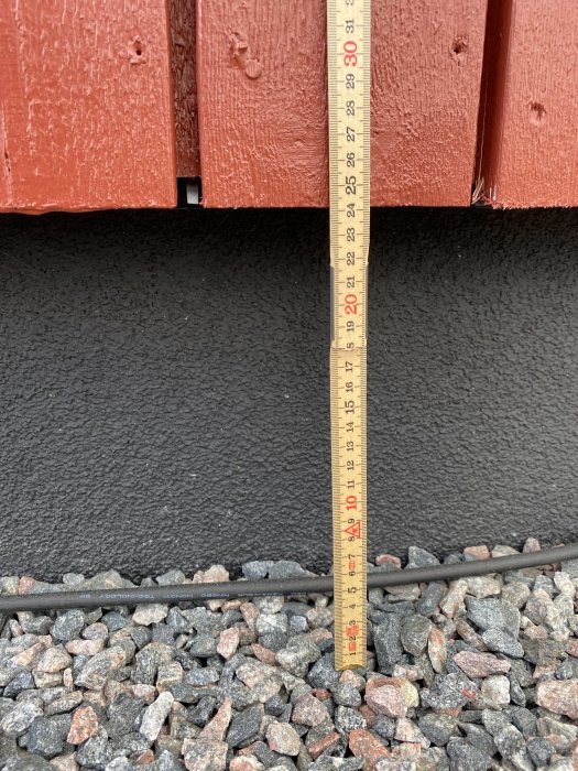 Måttband visar höjd ca 24cm från grus till träpanel, för byggplanering.