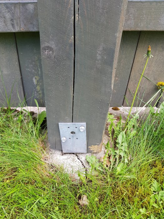 Træpæl med metalbeslag monteret i beton, omgiven af græs. Sprække i betonen ses under beslag.