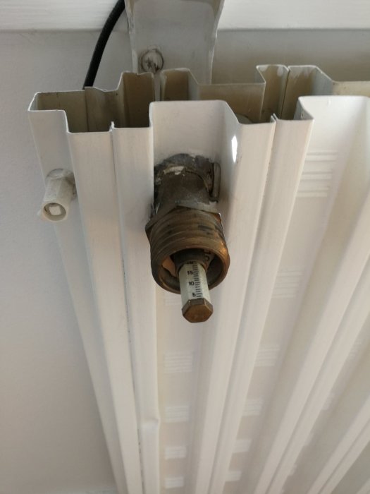 Vit radiator med ett gammalt reglage och termostathus, potentiellt från 50-talet, med synlig vattenskada.