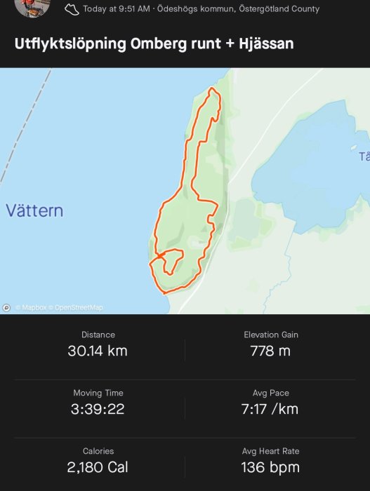 Kartöversikt över löprunda vid Omberg med angiven distans, tid, kalorier, tempo och hjärtfrekvens.