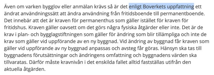 Skärmdump av ett foruminlägg om Boverkets uppfattning angående användningsändring från fritidsboende till permanentboende.