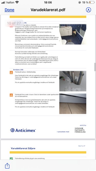 Skärmdump av en besiktningsprotokoll PDF med bilder på badrum och kök noteringar.