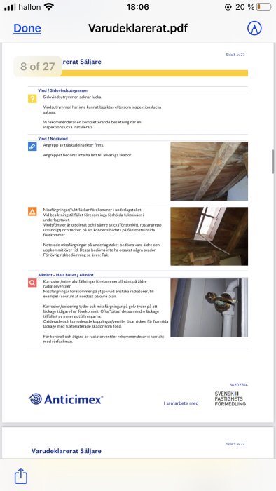 Skärmdump av en besiktningsprotokoll PDF med bilder som visar tak och rörskador.