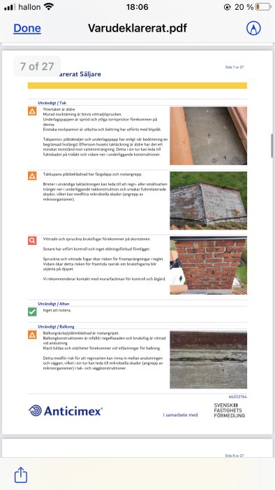 Skärmdump av en besiktningsprotokoll PDF med bilder på byggnadsskador och textbeskrivningar.