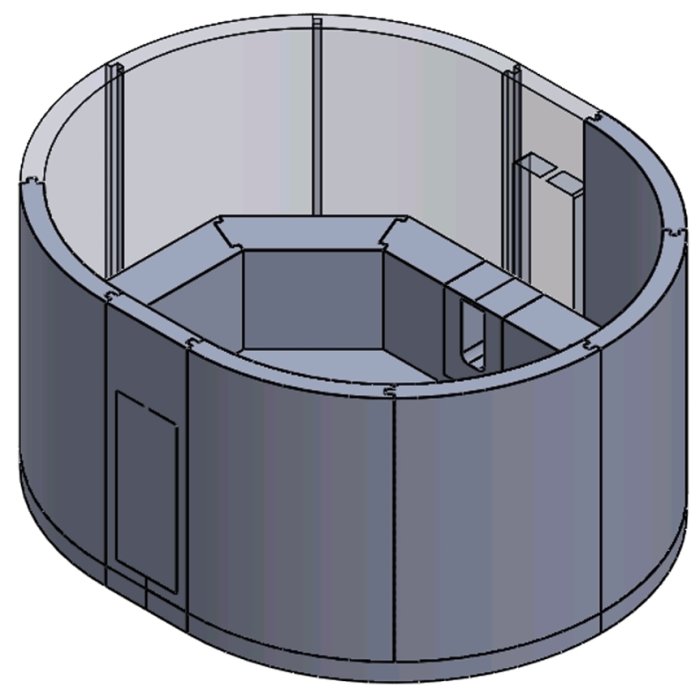 3D-modell av en rund byggnadsstruktur med isolering och en dörr.