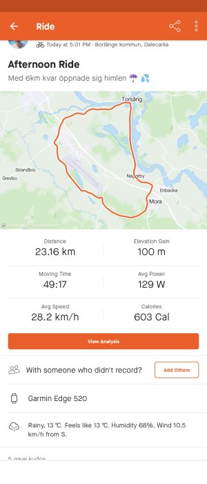 Skärmavbild av en cykeltursträckning på en kartapp med statistik och väderinformation.