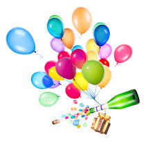 Färgglada ballonger och konfetti flyger runt en öppnad champagneflaska som firar inlägg nummer 400.