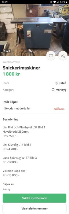 Lini Rikt och Planhyvel L37 med hyvelbredd 250mm i ett verkstadsutrymme.