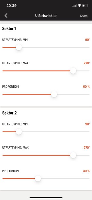 Skärmdump av inställningar för utfartsvinklar med reglage för min/max vinklar och proportioner.