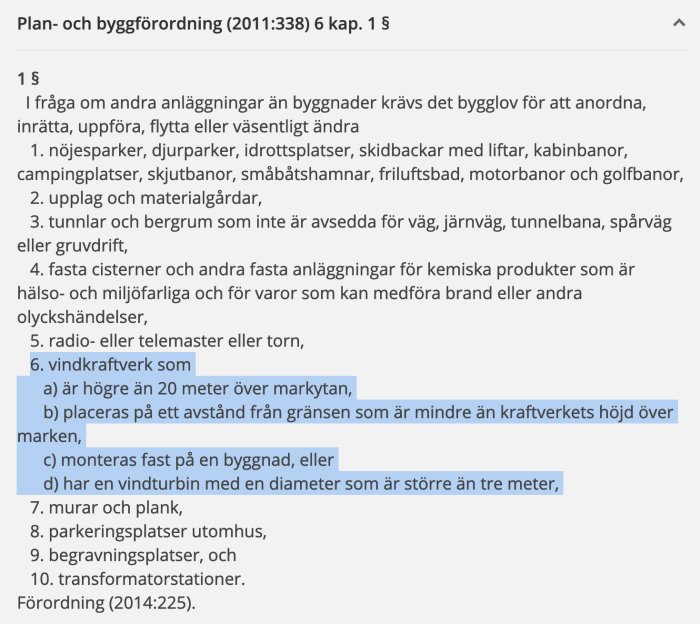 Skärmdump av ett stycke ur Plan- och byggförordningen med fokus på paragraf om bygglovsplikt för vindkraftverk.