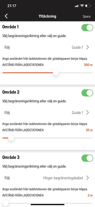Skärmdump av inställningar för gräsklipparzoner med avståndsreglage för startpunkter från laddstation.