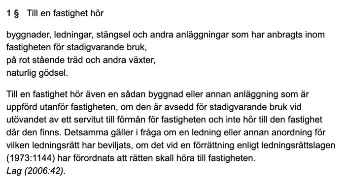 Skärmdump av en lagtext från Jordabalken som definierar vad som ingår i en fastighet, inklusive stående träd på rot.