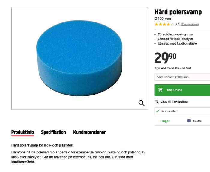 Blå hård polersvamp för bilvård med kardborrefäste från en webbutikssida.