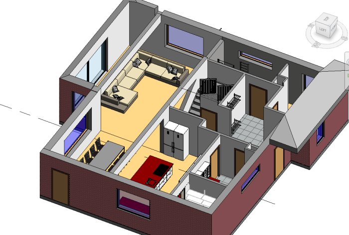 3D-ritning av tvåvåningshus med öppen planlösning, flera rum, köksö och trappa.