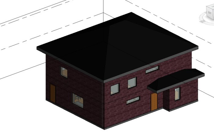 3D-ritning av ett modernt tvåplanshus med tegelfasad, utan synliga fönster på övre våningen och markiser över nedre våningens fönster.