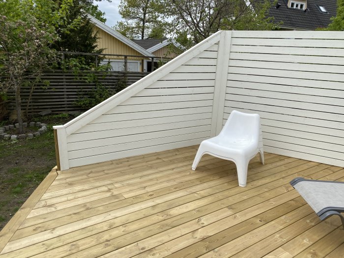 Ett träplankgolv på en uteplats med vita plankväggar och en vit plaststol, träslutningen syns tydligt.
