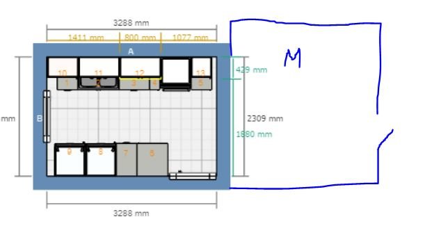 Planritning av ett korridorkök med måttangivelser och placering av vitvaror och skåp.