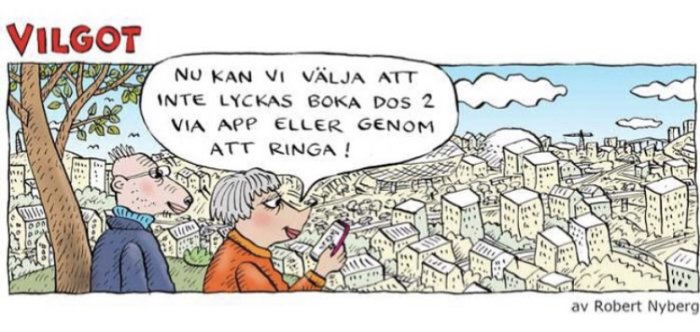 Seriefigurer betraktar stadspanorama, en figur håller en mobil och kommenterar bokning av dos 2.