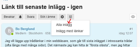 Skärmdump av diskussionsforum med en öppen meny som visar alternativet "Alla inlägg".