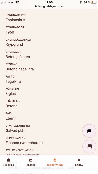 Skärmdump av en fastighets webbsida med teknisk information om en byggnad från 1960.