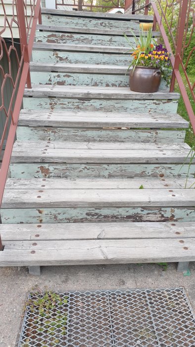 Renoverad utomhustrappa med nymålat avskalat virke och kruka med blommor på ett steg.